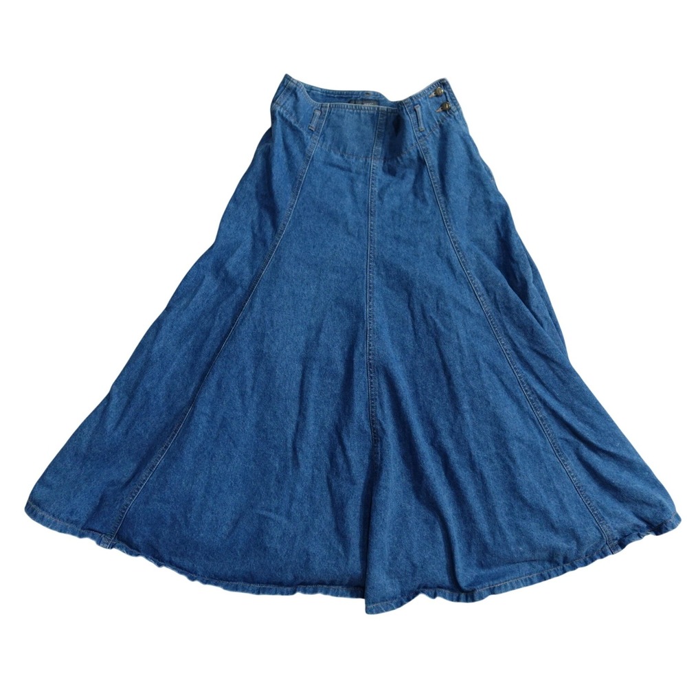 LizWear Vintage 90's Denim Maxi Skirt Button Waist A-Line Full Sweep Blue Size M - Picture 2 of 10